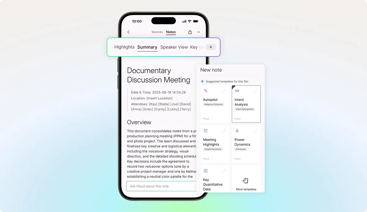 Plaud interface with AI summaries and templates