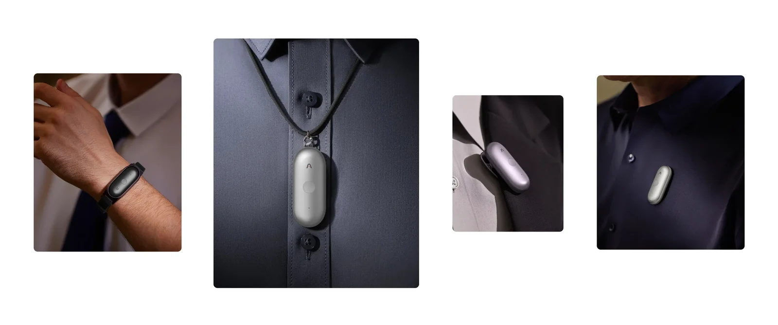 Plaud NotePin S wearing styles: wristband, pendant, lapel clip and shirt clip